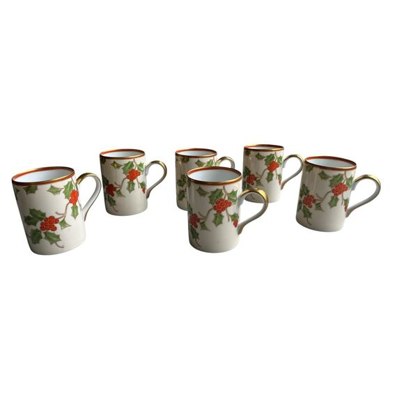 Fitz & Floyd Christmas Holly Mugs – Set of 6 (1982, Japan) new unused - Picture 2 of 6